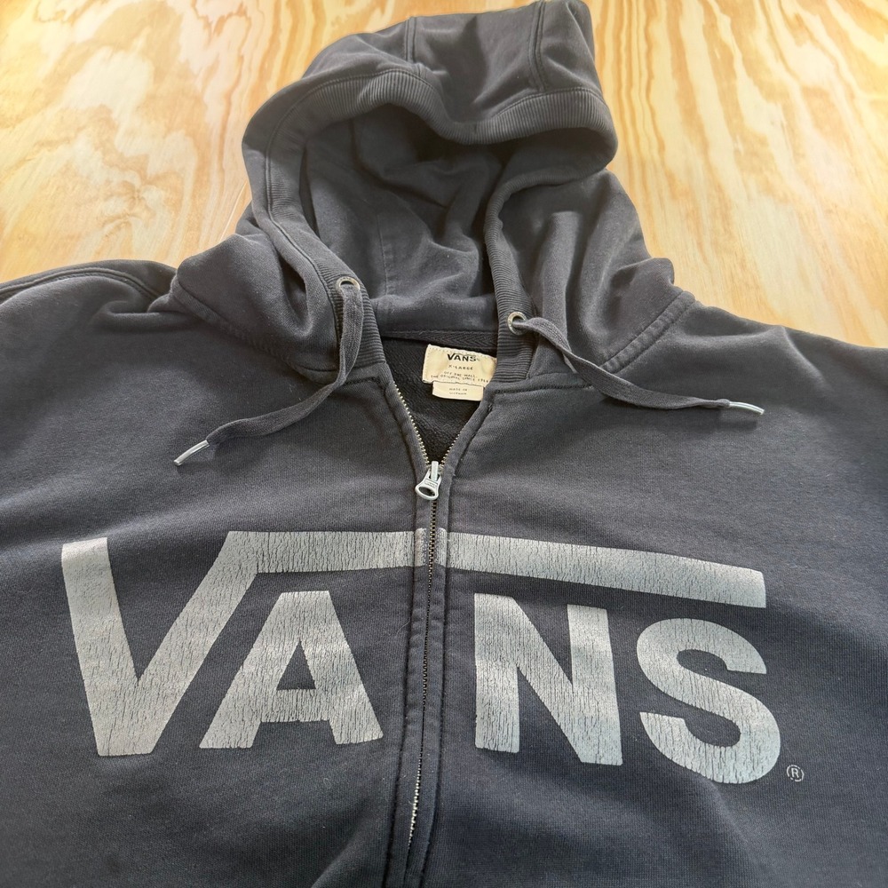 Vans Mens Full Zip Hoodie Black Grey Logo Graphic Sweatshirt XL - Picture 3 of 7